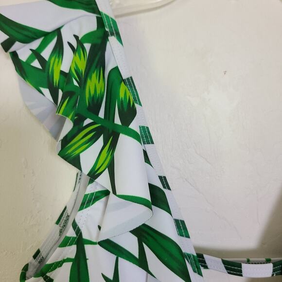 Palm Print Swimsuit S Ruffle Tropical Plunging Neckline One Piece Beach Pool - Picture 3 of 6